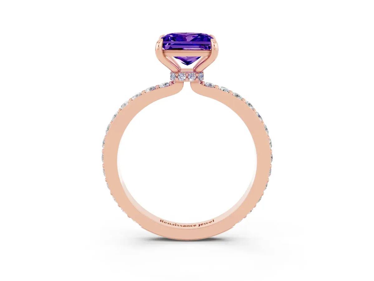 Princess Cut Tanzanite Solitaire Engagement Ring with Pavé Band and Four-Prong Setting Rose gold
