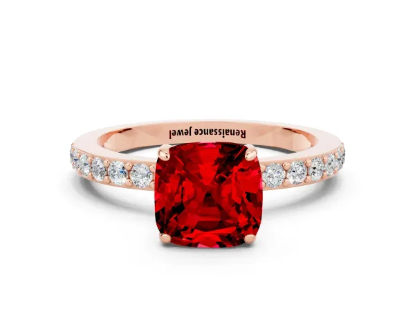 Cushion Cut Ruby Solitaire Engagement Ring with Pavé Band and Four-Prong Setting Rose gold