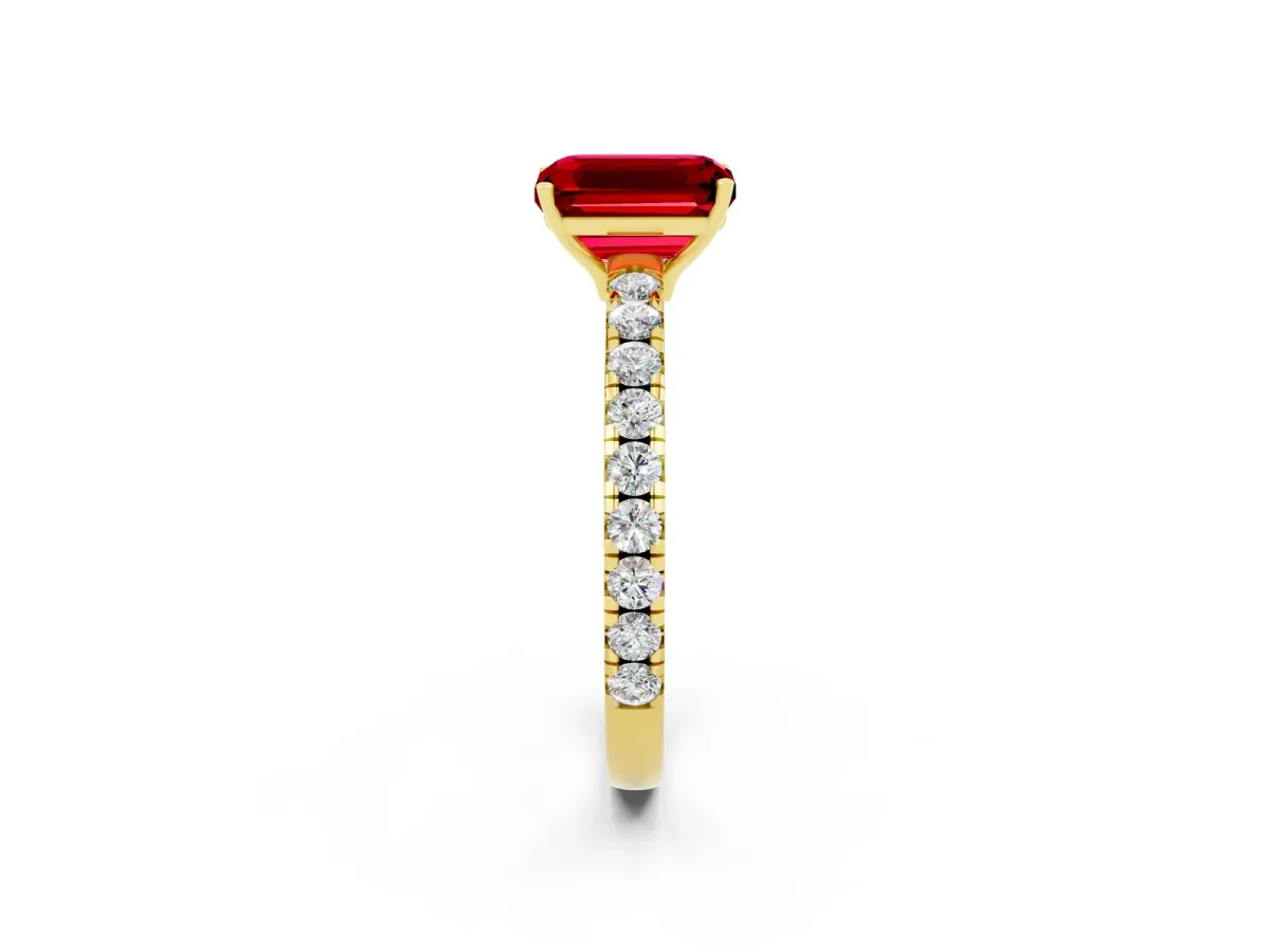 Emerald Cut Ruby Pavé Solitaire Engagement Ring with Four-Prong Setting Yellow gold