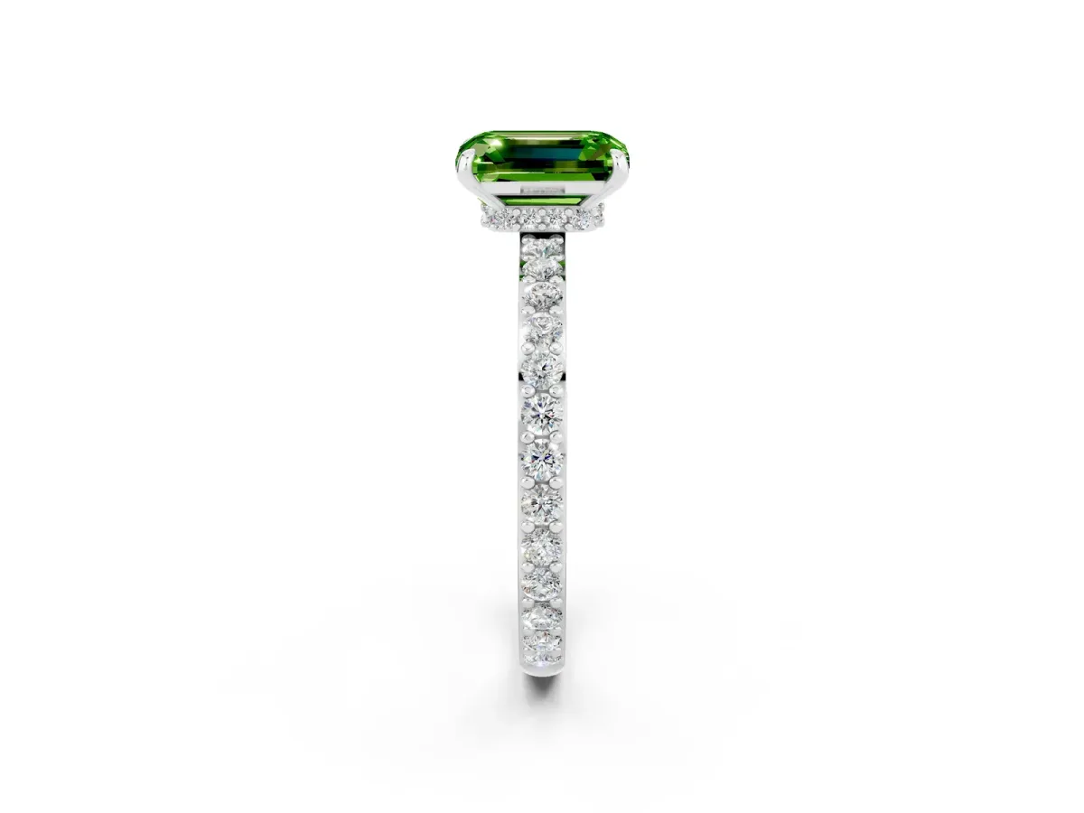 Emerald Cut Peridot Solitaire Engagement Ring with Pavé Band and Four-Prong Setting White gold