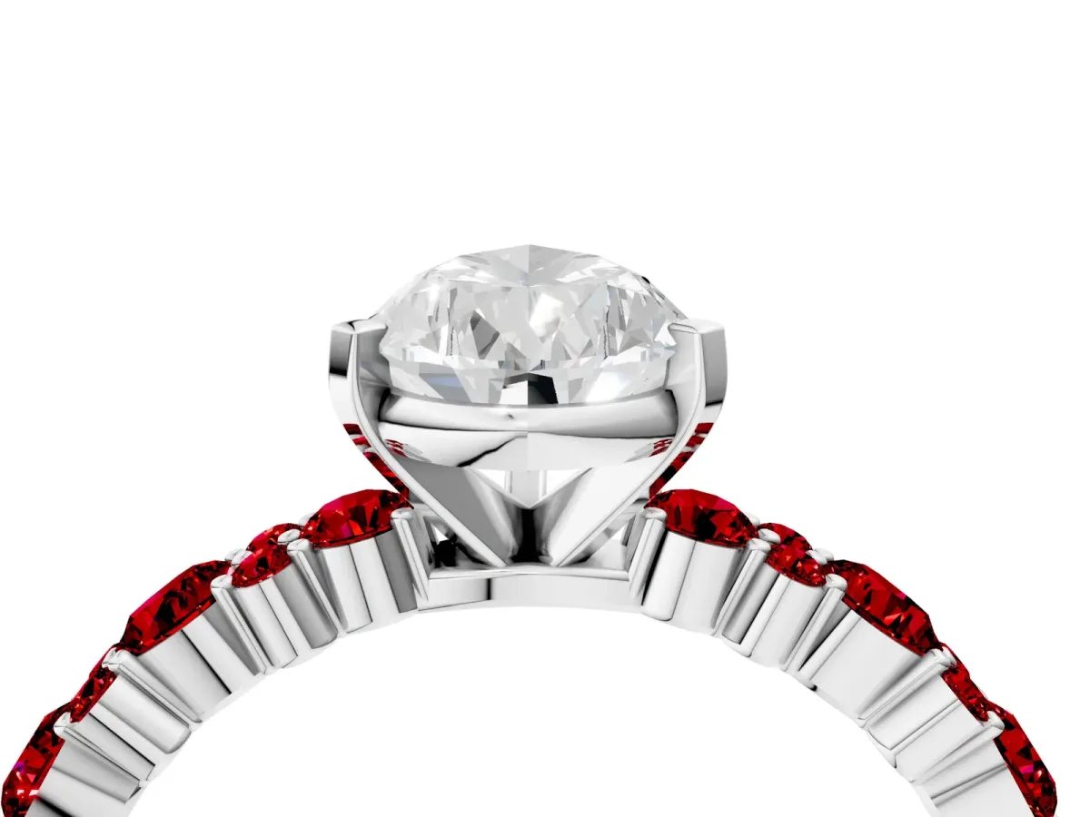 Pear Cut Diamond Side Stone Solitaire Ring with Round Ruby and Four-Prong Setting Silver
