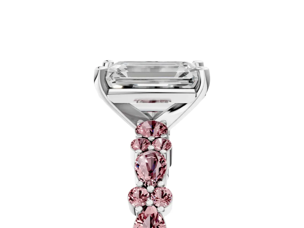 Emerald Cut Diamond Side Stone Solitaire Ring with Round Morganite and Four-Prong Setting Silver