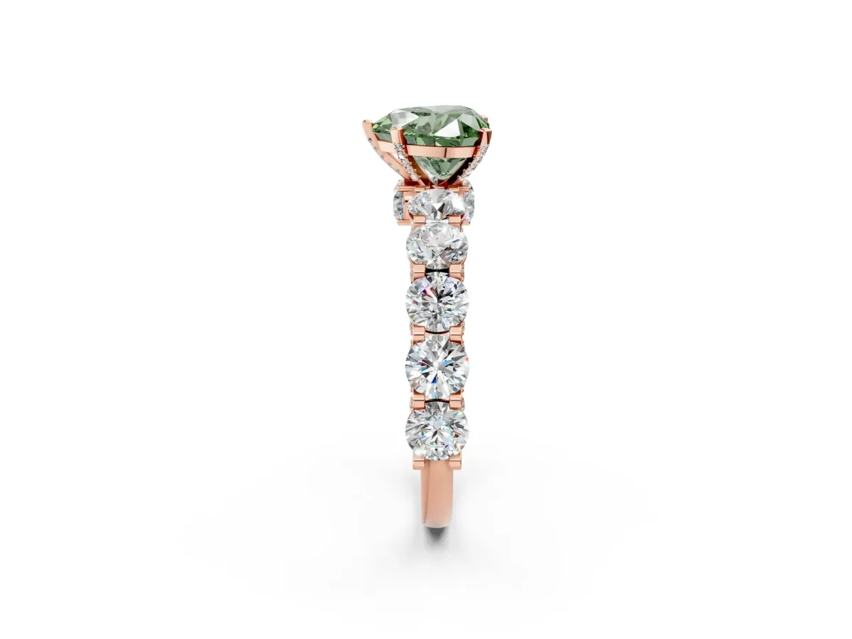 Fancy Green Heart Cut Diamond Side Stone Engagement Ring with Four-Prong Setting Rose gold