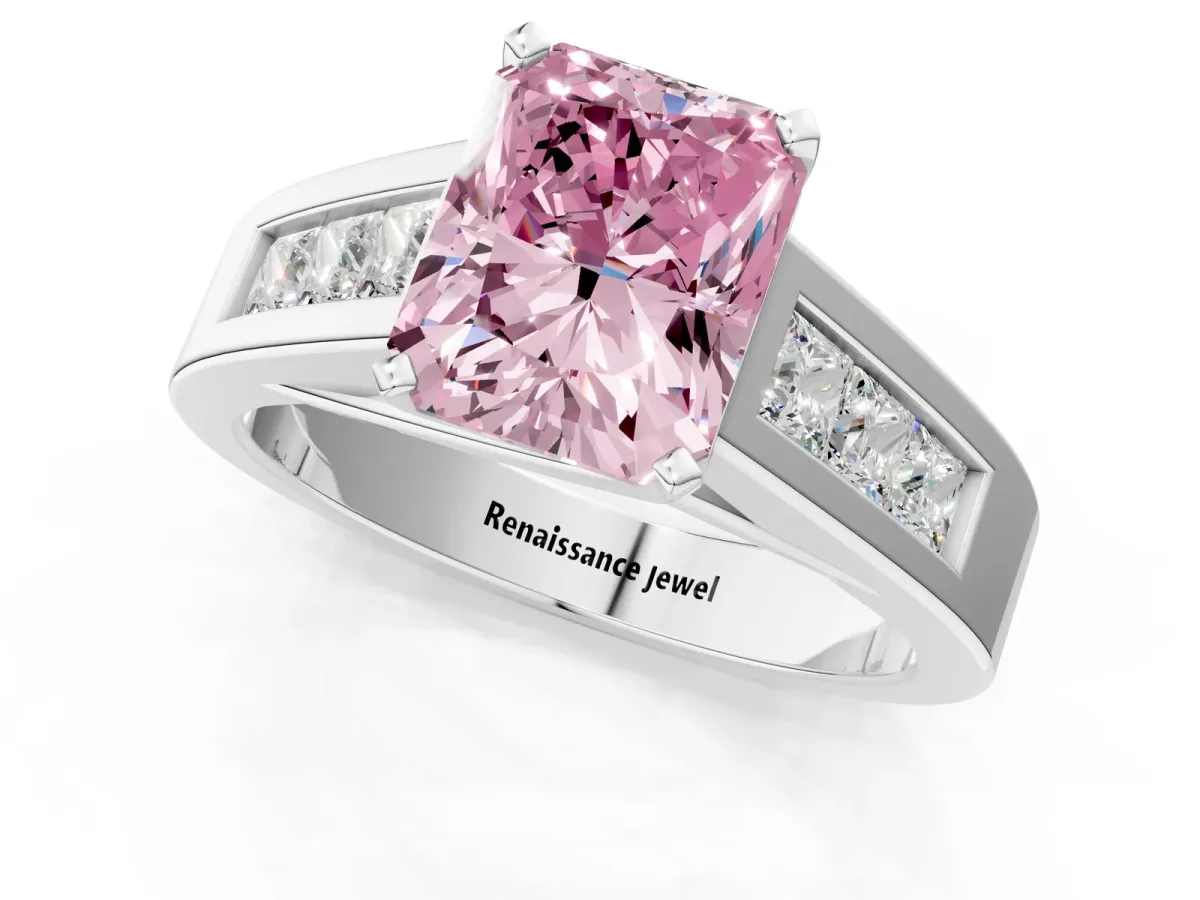 Fancy Pink Radiant Cut Cut Channel Set Solitaire Ring with Four-Prong Setting Platinum