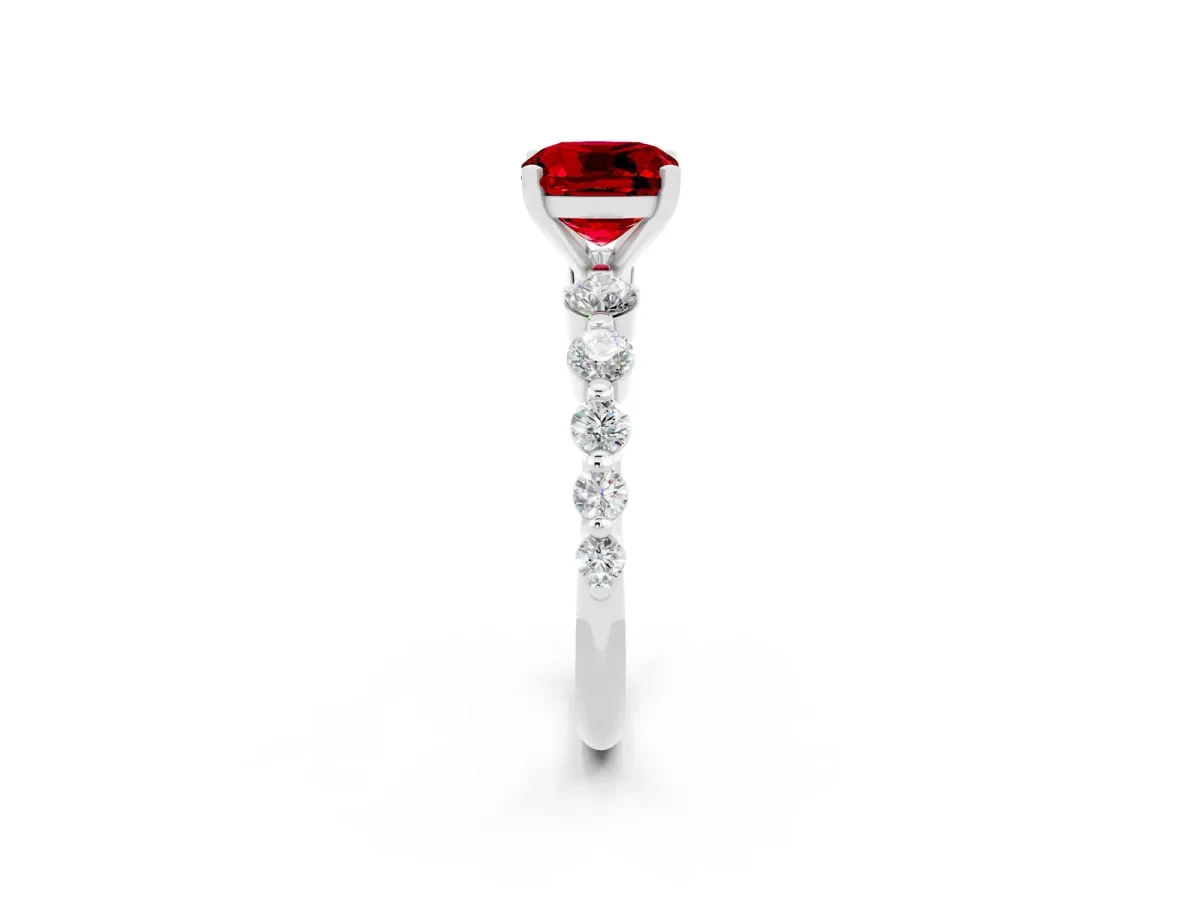 Cushion Cut Solitaire Ruby Ring with Pave Band and Four-Prong Setting Silver