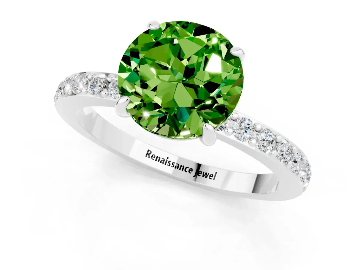 Round Cut Peridot Solitaire Engagement Ring with Pavé Band and Four-Prong Setting Platinum