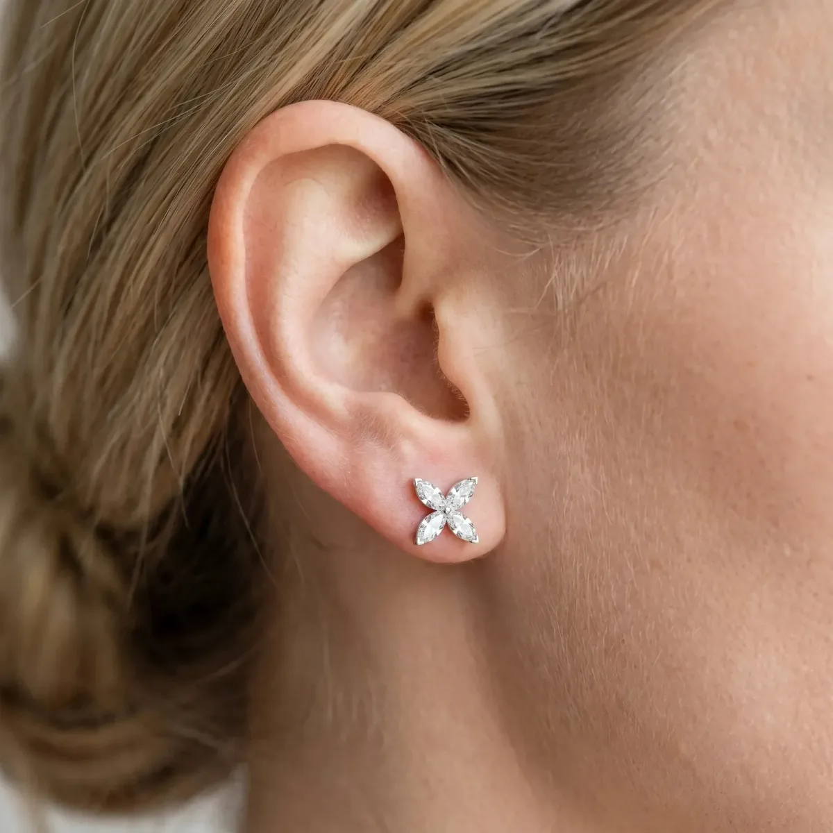 Marquise Cut Diamond Flower Stud Earrings Silver