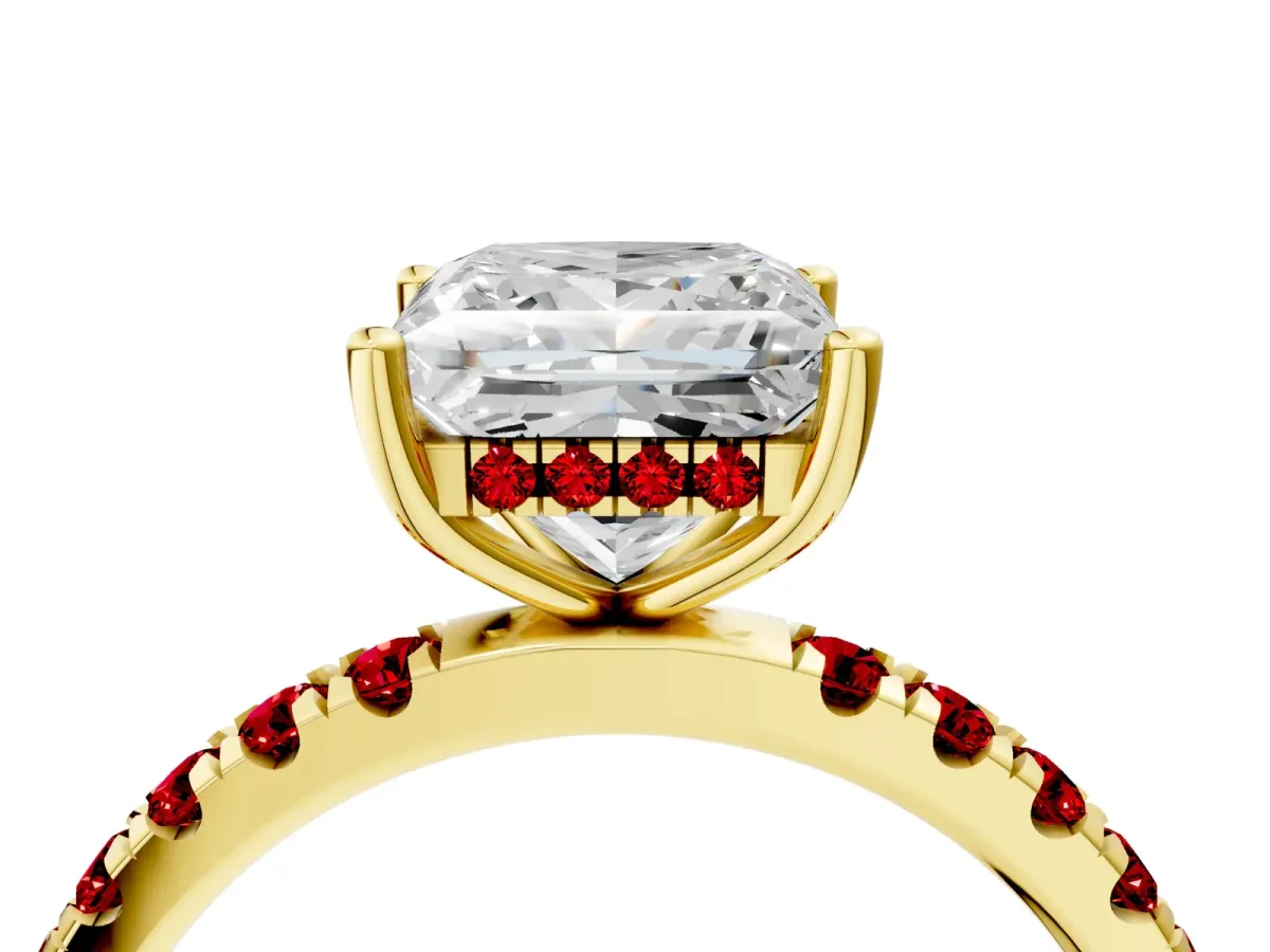 Princess Cut Diamond Pave Band Solitaire Ring with Round Ruby and Prong Setting Yellow gold