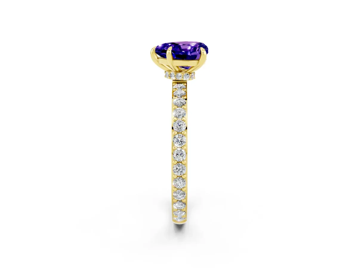 Heart Cut Tanzanite Solitaire Engagement Ring with Pavé Band and Four-Prong Setting Yellow gold