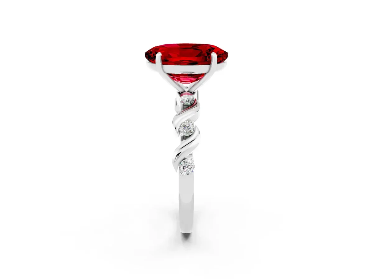 Oval Cut Ruby Solitaire Twisted Band with Round Accents and Prong Setting Platinum