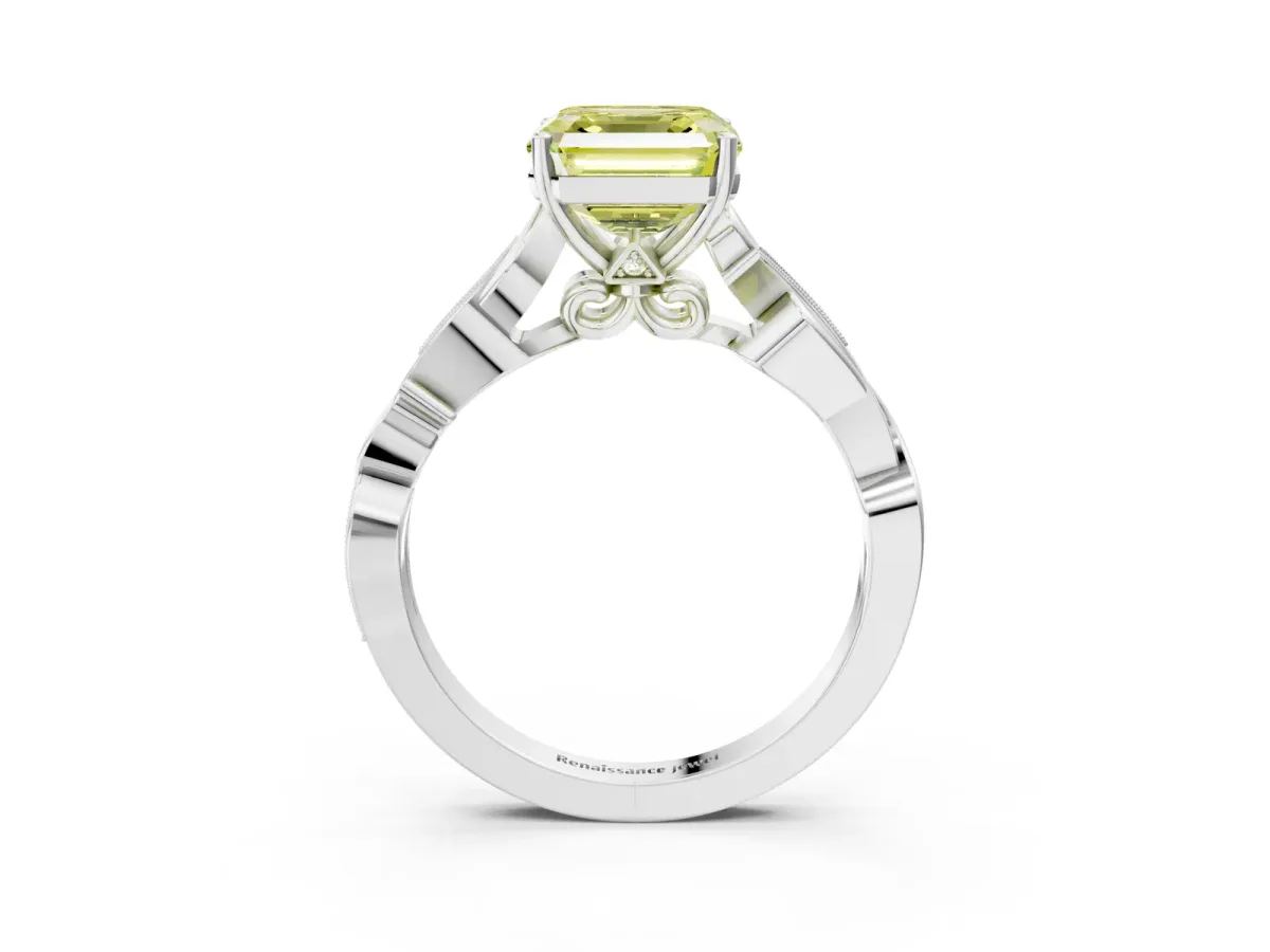 Fancy Yellow Asscher Cut Solitaire Vine Band with Milgrain Prong Setting Platinum