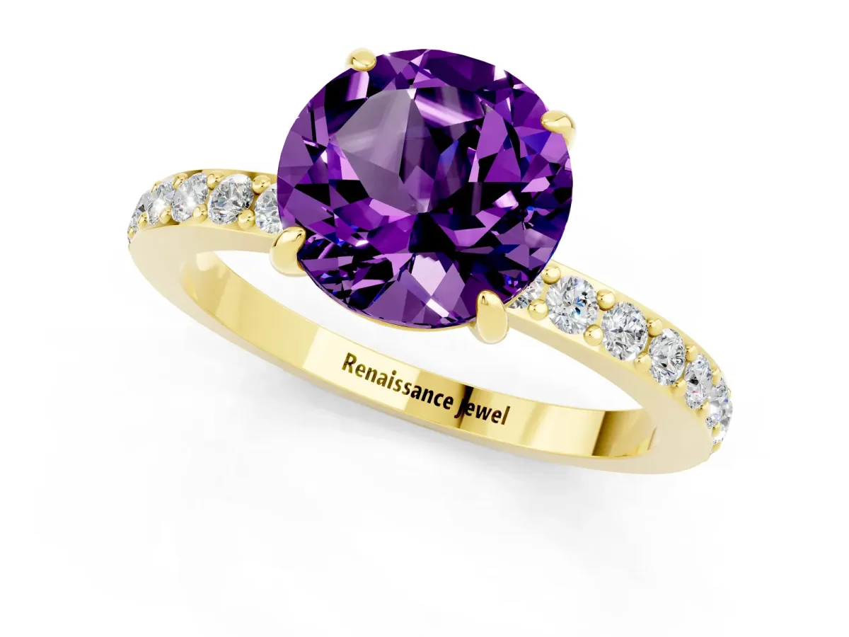 Round Cut Amethyst Solitaire Engagement Ring with Pavé Band and Four-Prong Setting Yellow gold