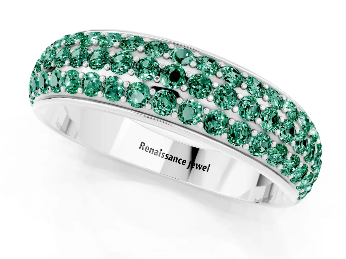Three-Row Round Green Sapphire Eternity Band with Shared Prong Setting Platinum