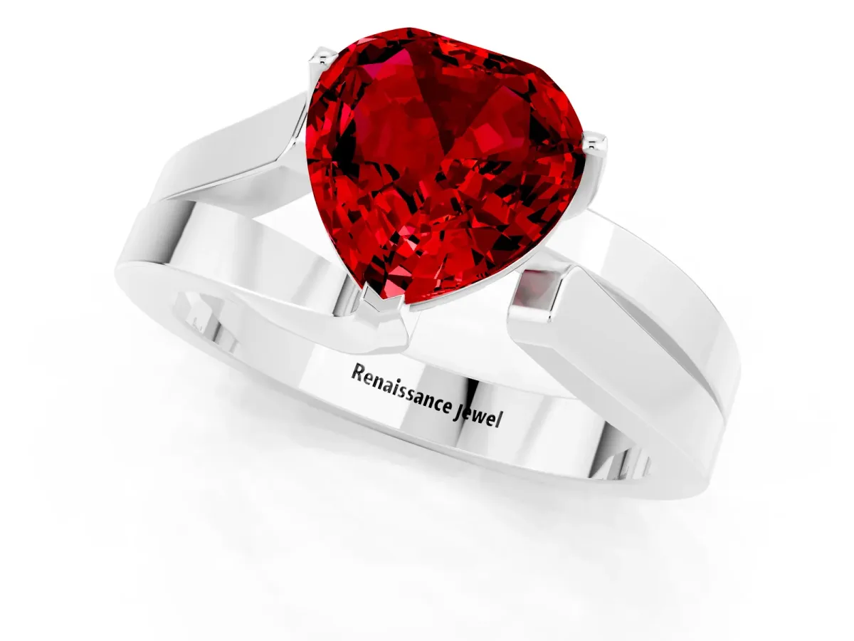 Modern Tension Set Heart Cut Ruby Solitaire Wide Band Ring Silver