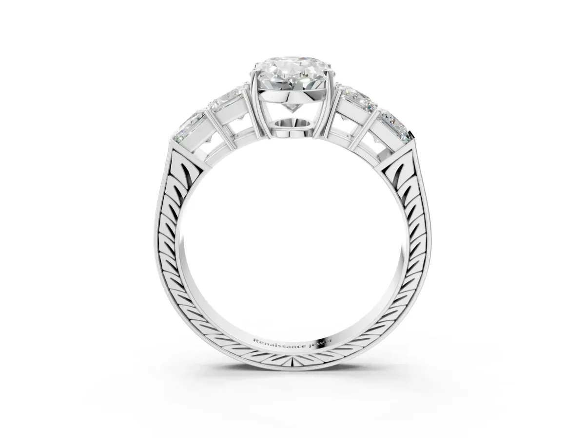 Oval Cut Solitaire Princess Side Stone Engraved Band Prong Setting Ring Platinum