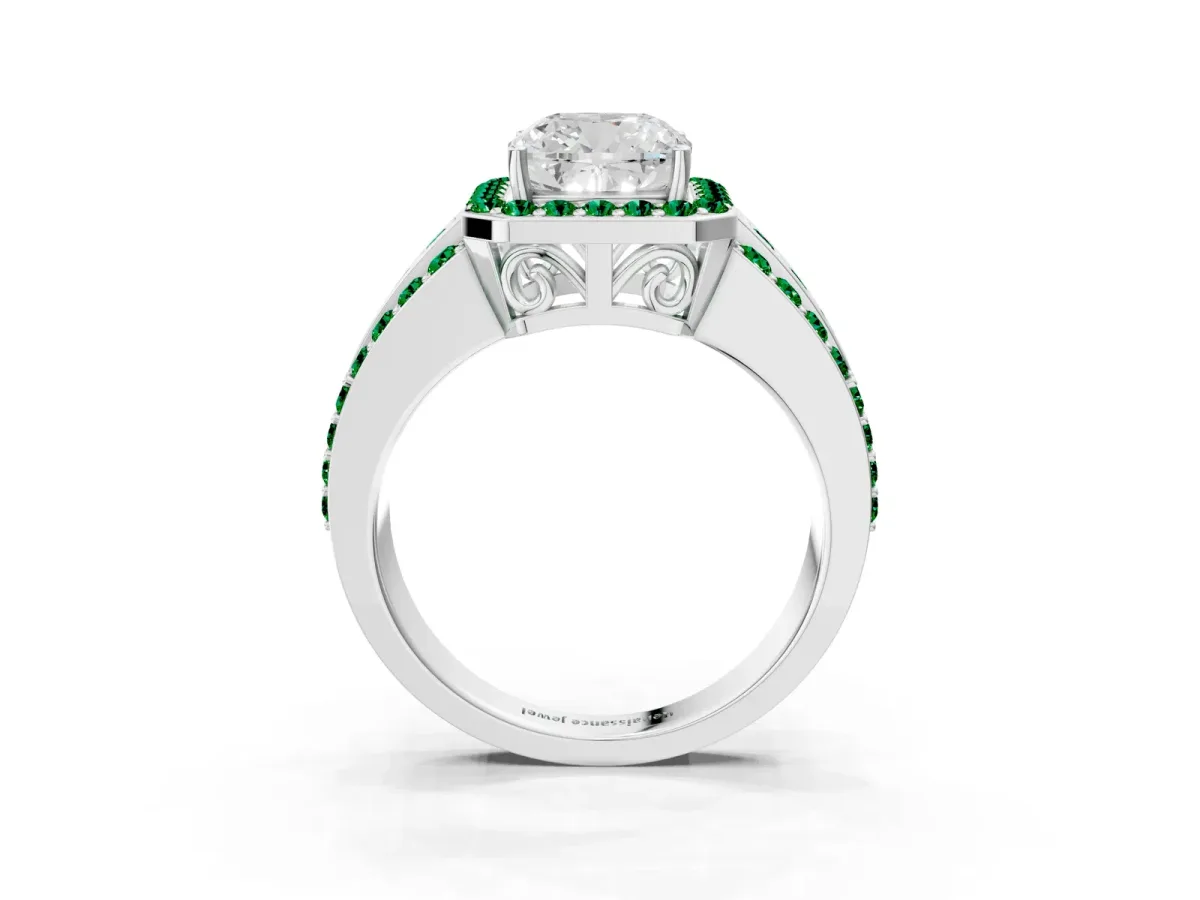 Cushion Cut Halo Diamond Ring with Round Emerald Split Shank and Prong Setting Silver