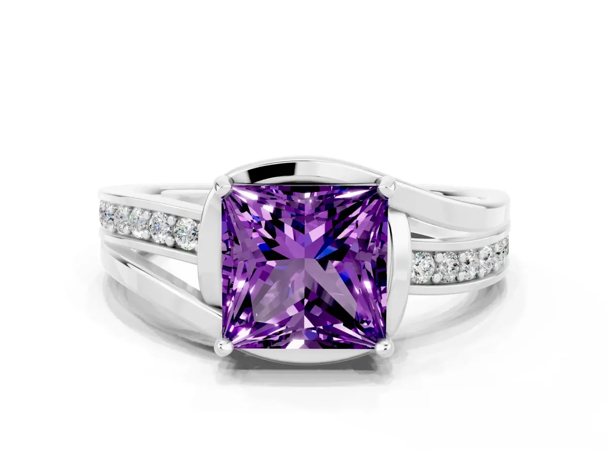Princess Cut Amethyst Solitaire Ring with Split Shank and Prong Setting Platinum
