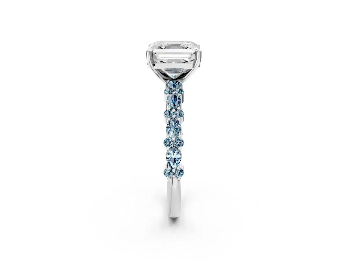 Asscher Cut Diamond Side Stone Solitaire Ring with Round Aquamarine and Four-Prong Setting Platinum
