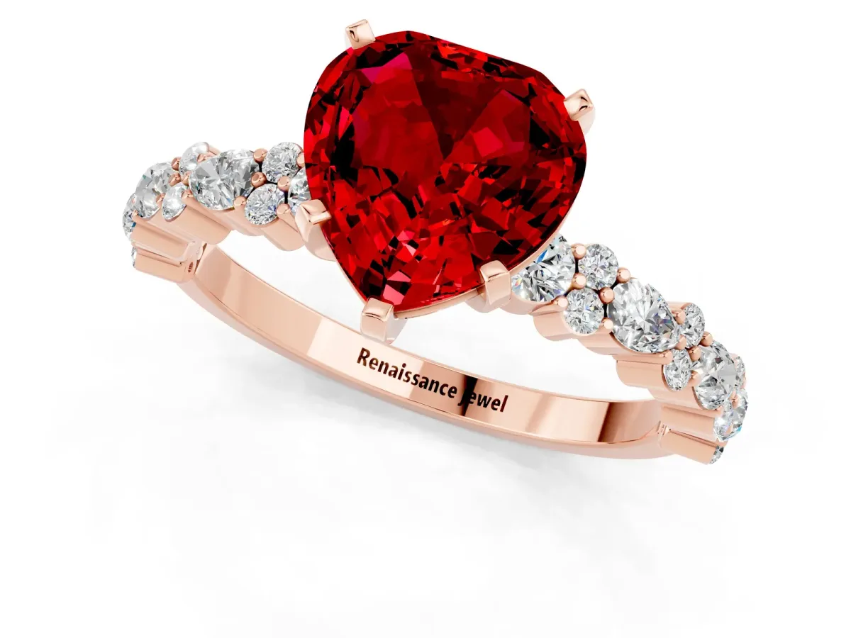 Heart Cut Ruby Side Stone Solitaire Ring with Round and Four-Prong Setting Rose gold