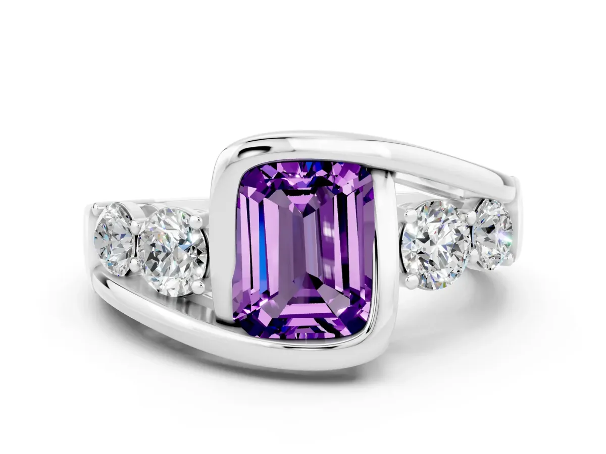 Bezel Set Emerald Cut Amethyst Bypass Ring with Round Accents Silver