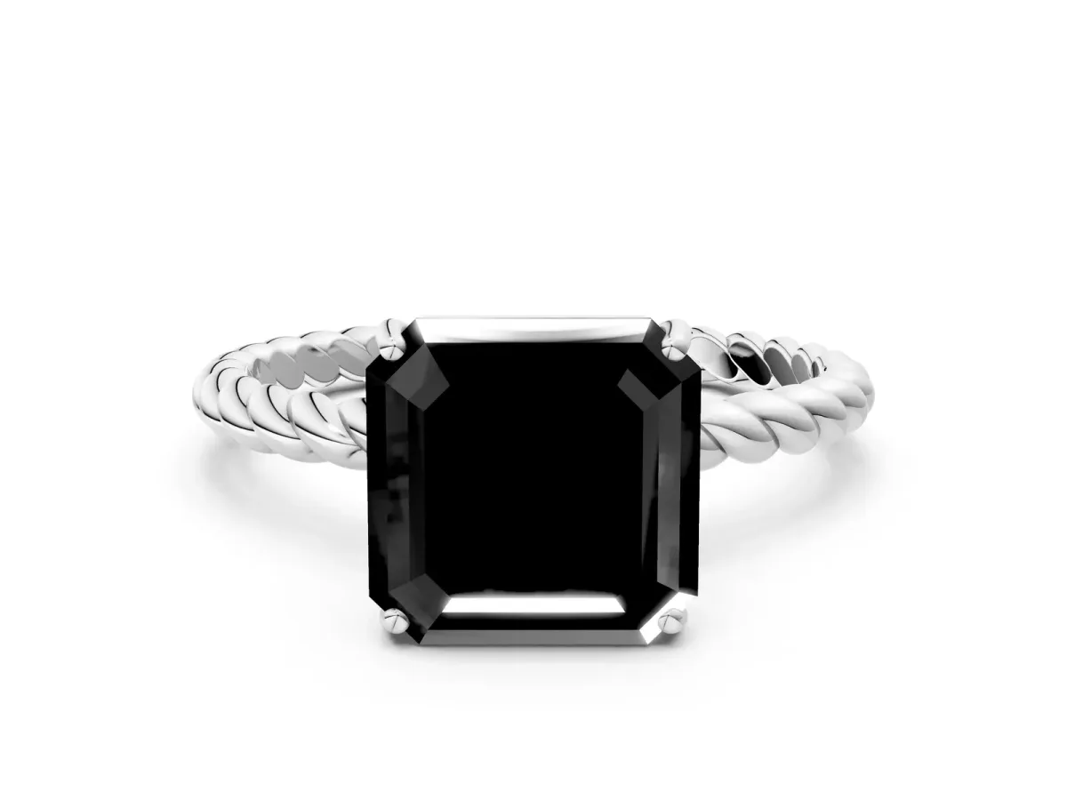 Fancy Black Asscher Cut Solitaire Twisted Band 4-Prong Ring Platinum