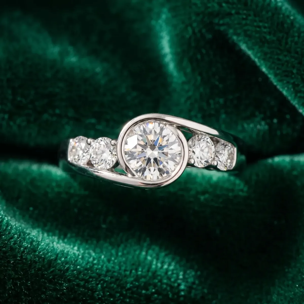 Bezel Set Round Cut Diamond Bypass Ring with Round Accents Platinum