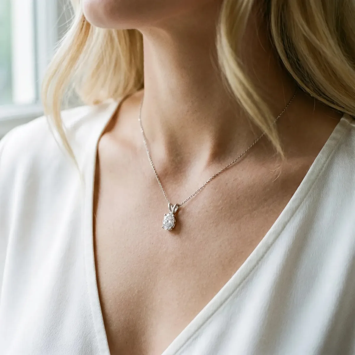 Oval Solitaire Diamond Prong Pendant Silver