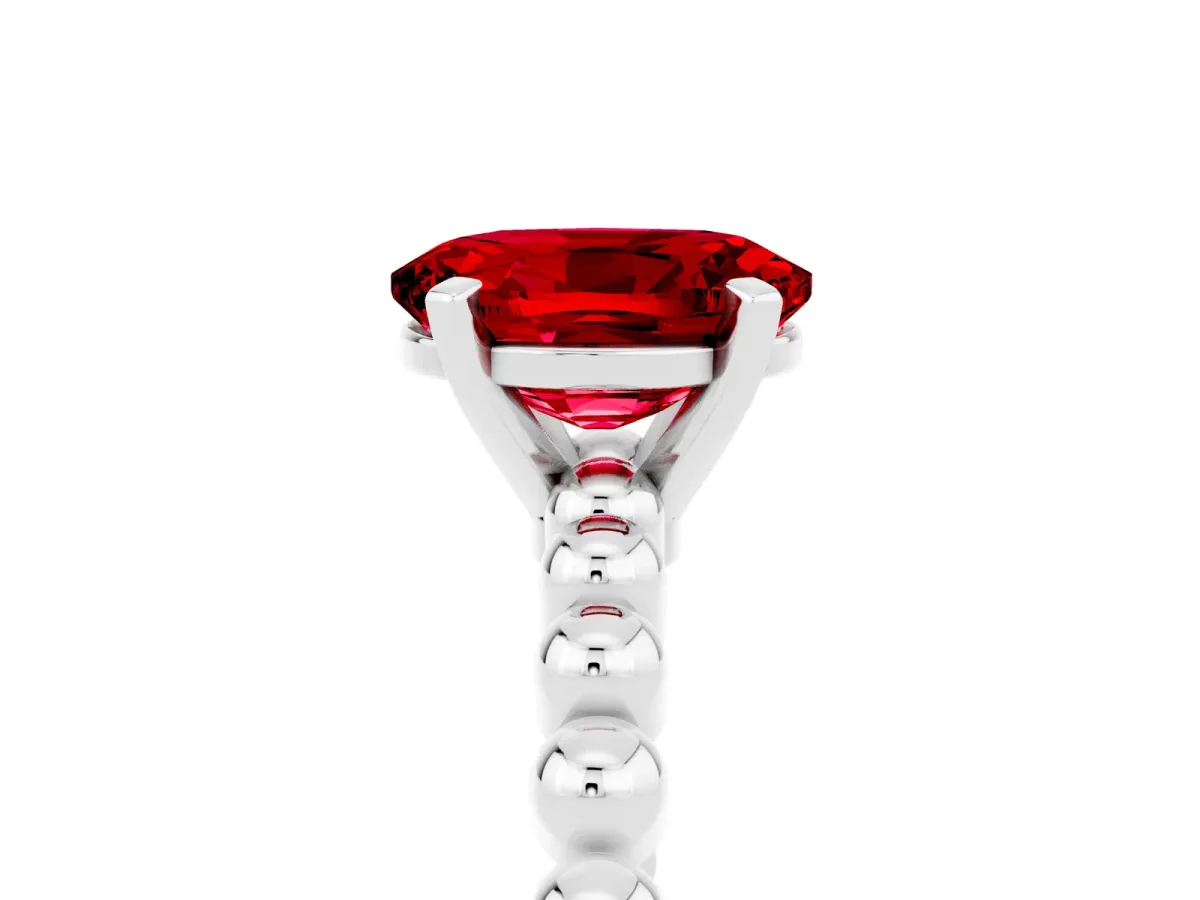 Oval Cut Ruby Solitaire Ring with Beaded Band and Prong Setting White gold