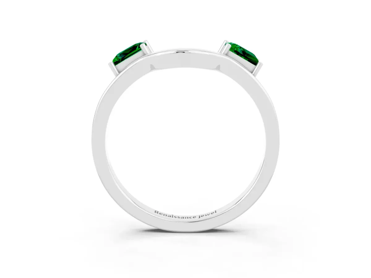Princess Cut Emerald Two-Stone Open Band Ring with Four-Prong Setting Silver