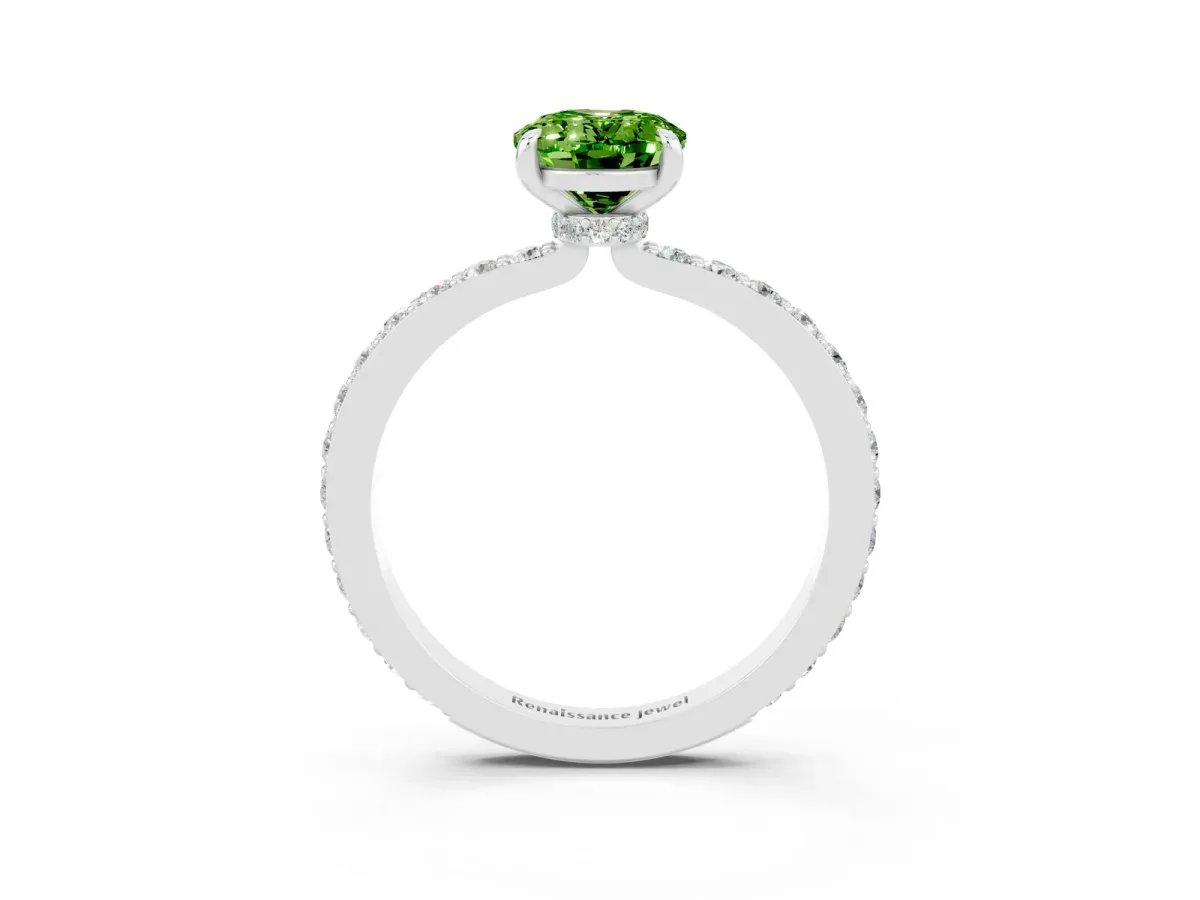 Oval Cut Peridot Solitaire Engagement Ring with Pavé Band and Four-Prong Setting Platinum
