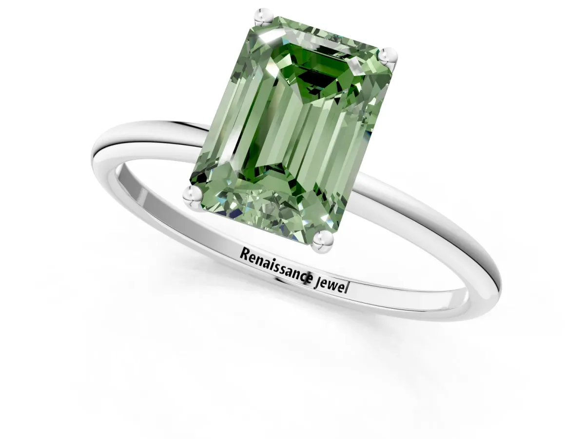 Fancy Green Emerald Cut Cut Solitaire Engagement Ring with Thin Band and Four-Prong Setting Silver