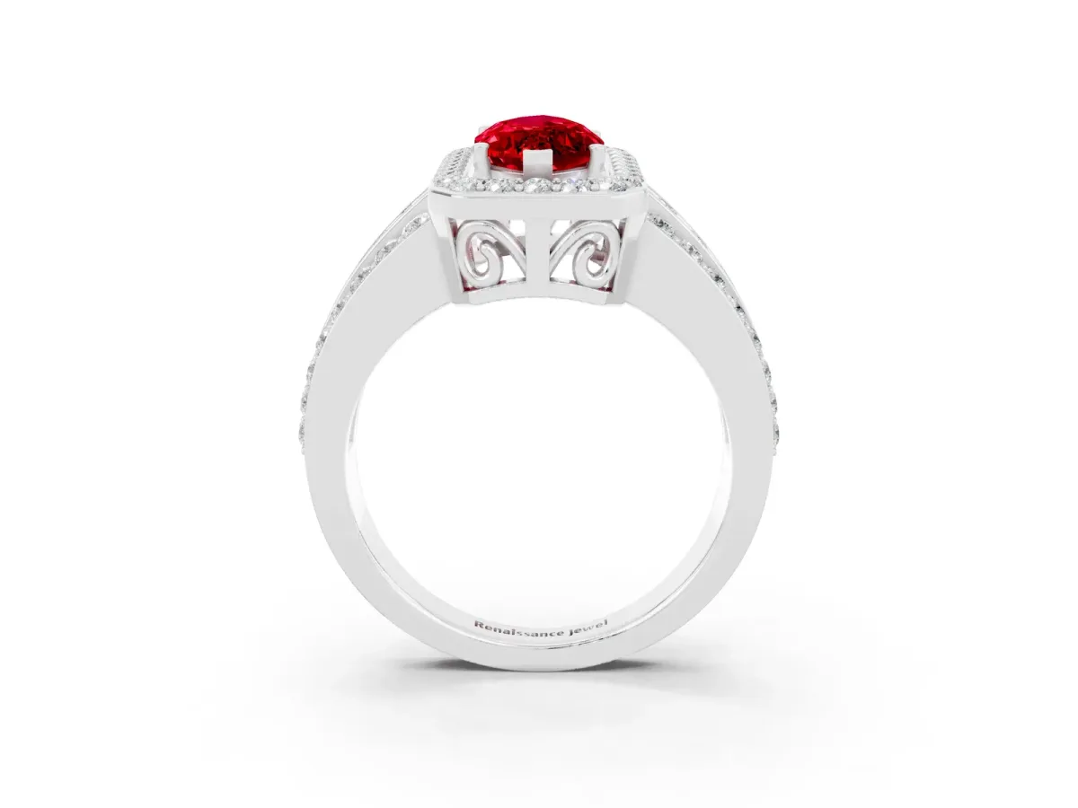 Marquise Cut Halo Ruby Ring with Round Split Shank and Prong Setting Platinum