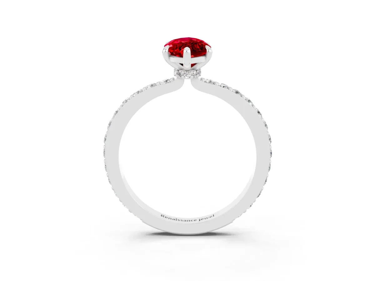 Marquise Cut Ruby Solitaire Engagement Ring with Pavé Band and Four-Prong Setting Platinum