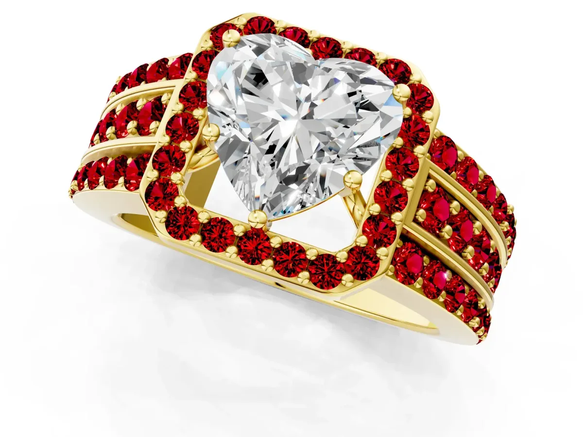 Heart Cut Halo Diamond Ring with Round Ruby Split Shank and Prong Setting Yellow gold