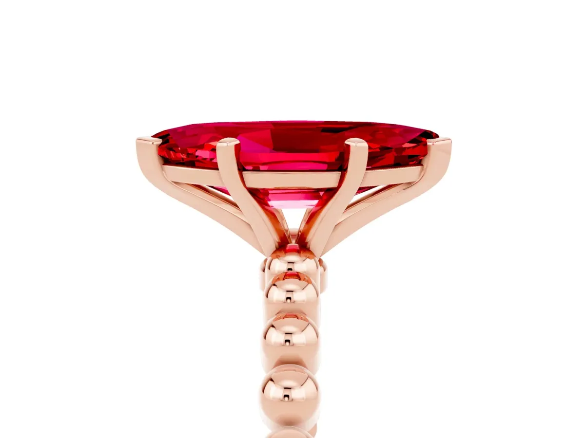 Marquise Cut Ruby Solitaire Ring with Beaded Band and Prong Setting Rose gold