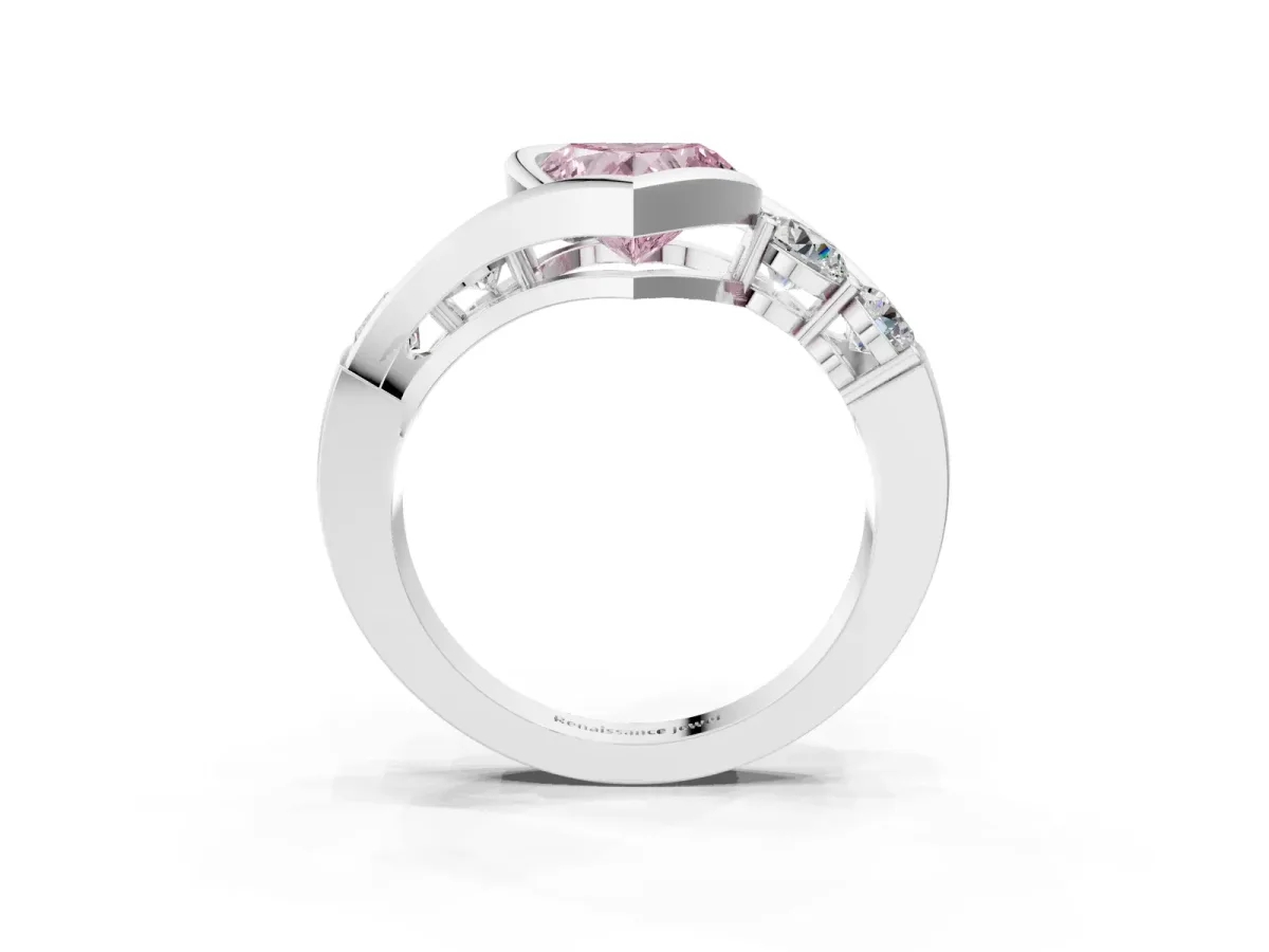 Fancy Pink Bezel Set Heart Cut Diamond Bypass Ring with Round Accents Platinum