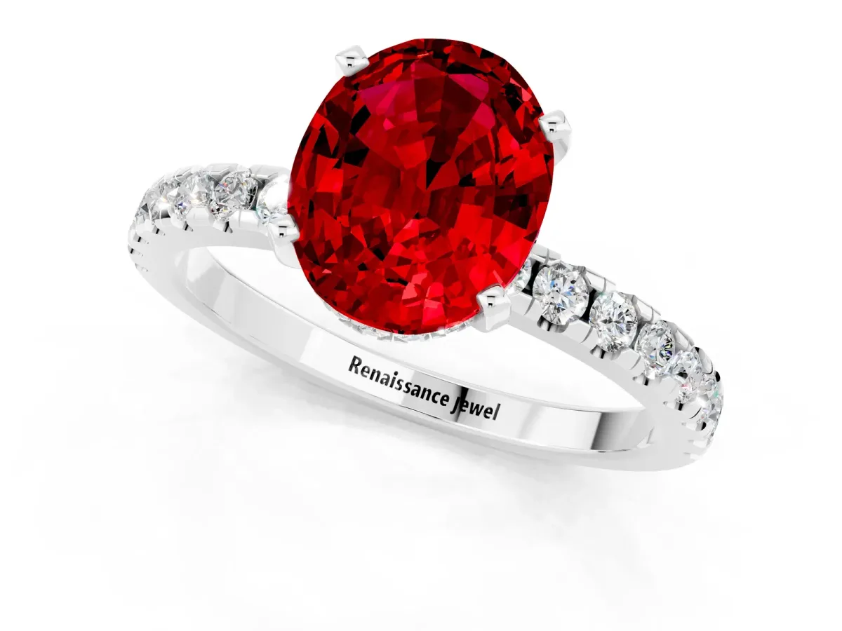 Oval Cut Ruby Solitaire Ring with Round Pavé Band and Four-Prong Setting White gold
