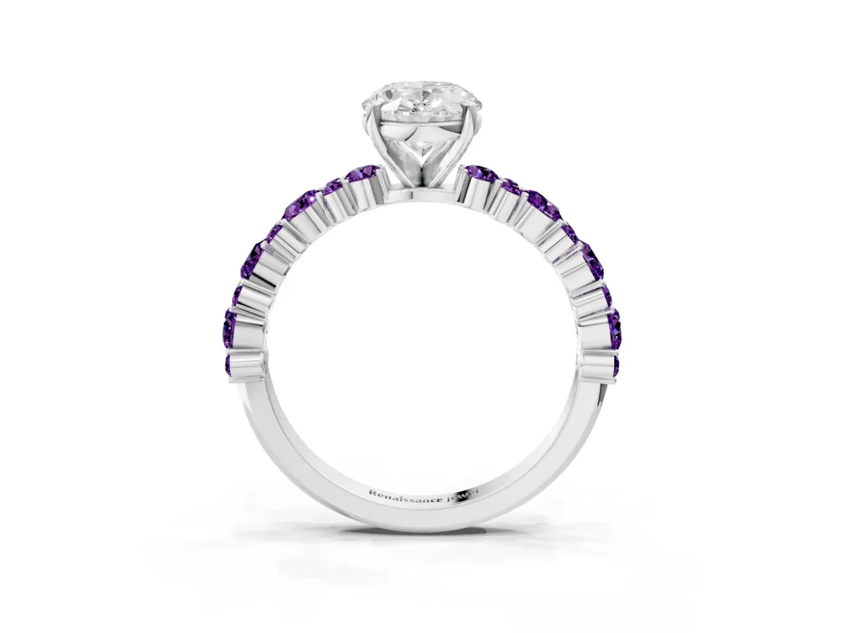 Oval Cut Diamond Side Stone Solitaire Ring with Round Amethyst and Four-Prong Setting Silver