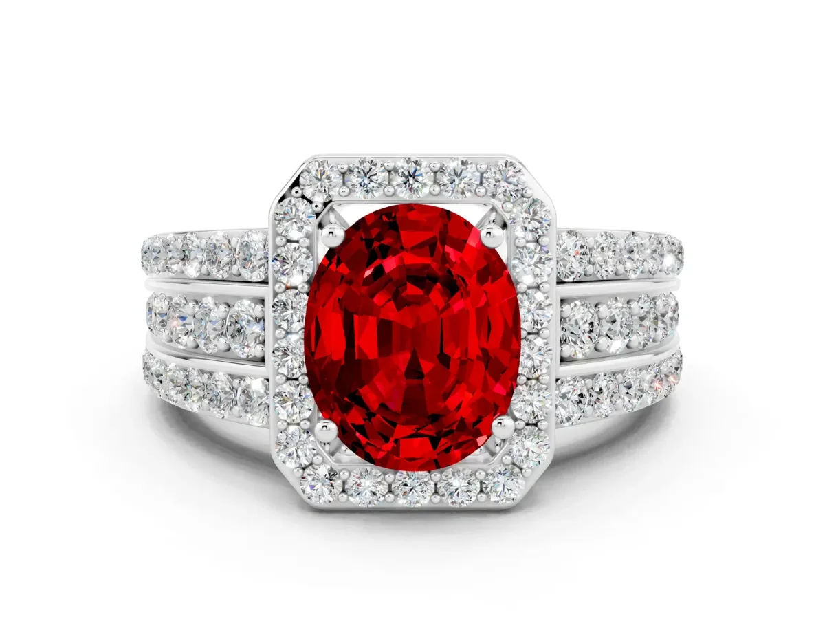 Oval Cut Halo Ruby Ring with Round Split Shank and Prong Setting Platinum