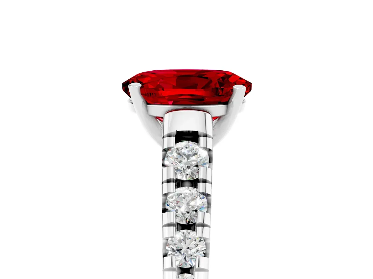 Oval Cut Ruby Cathedral Solitaire Ring with Round Pavé Band White gold