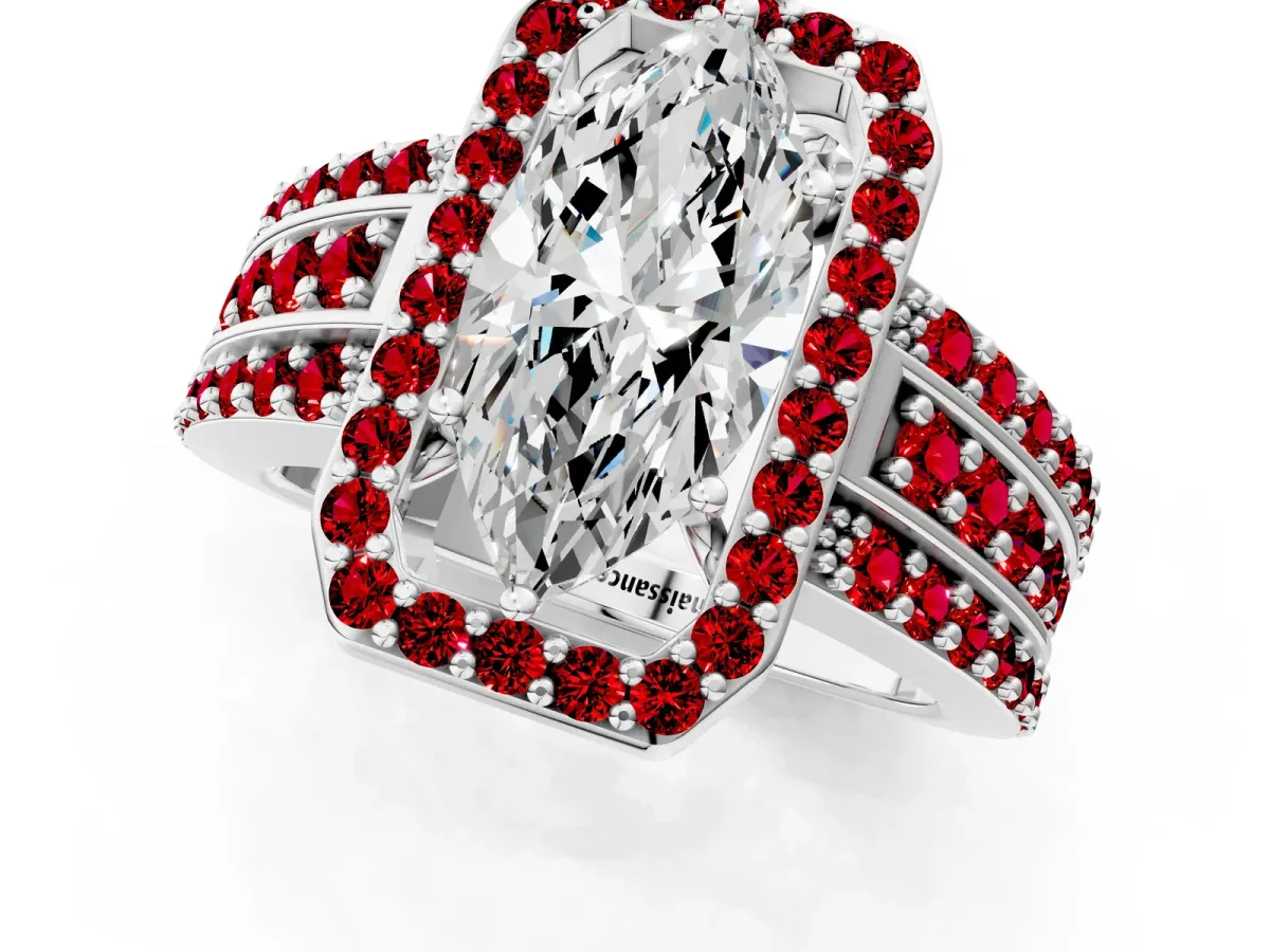 Marquise Cut Halo Diamond Ring with Round Ruby Split Shank and Prong Setting Platinum