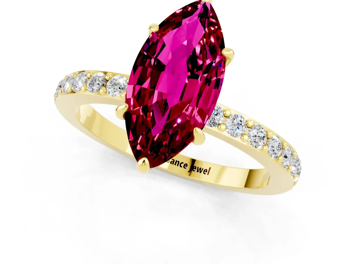 Marquise Cut Garnet Solitaire Engagement Ring with Pavé Band and Four-Prong Setting Yellow gold