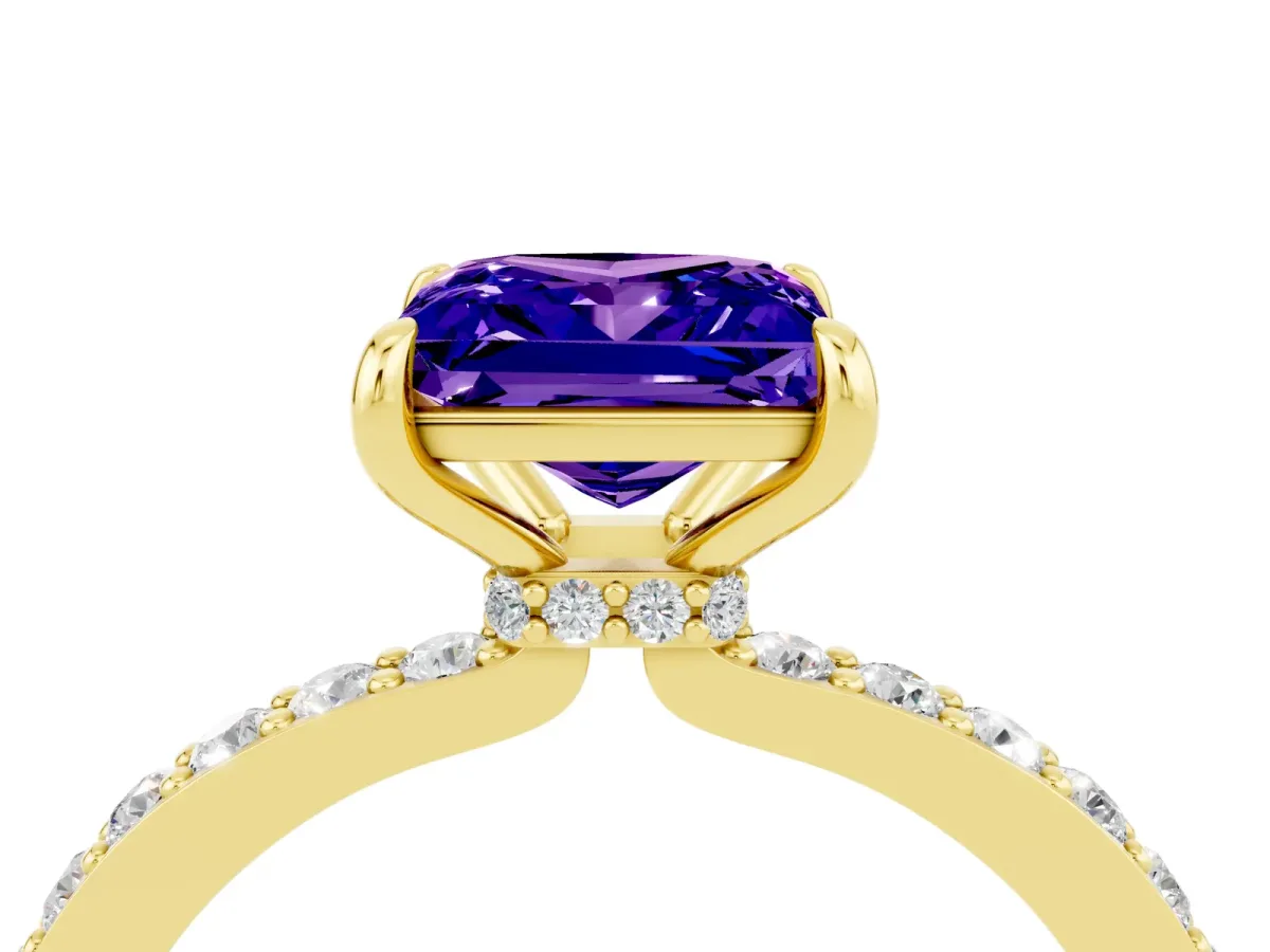 Princess Cut Tanzanite Solitaire Engagement Ring with Pavé Band and Four-Prong Setting Yellow gold