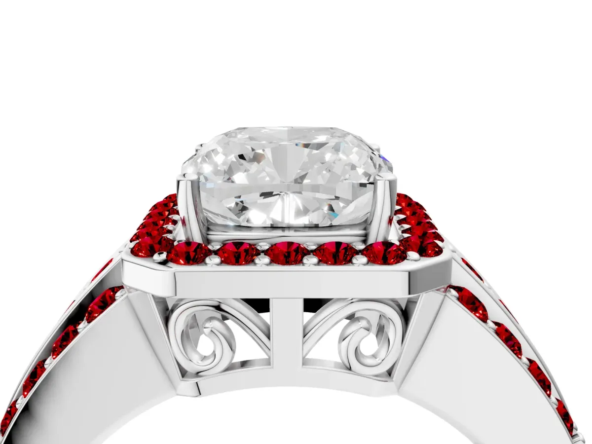 Cushion Cut Halo Diamond Ring with Round Ruby Split Shank and Prong Setting White gold