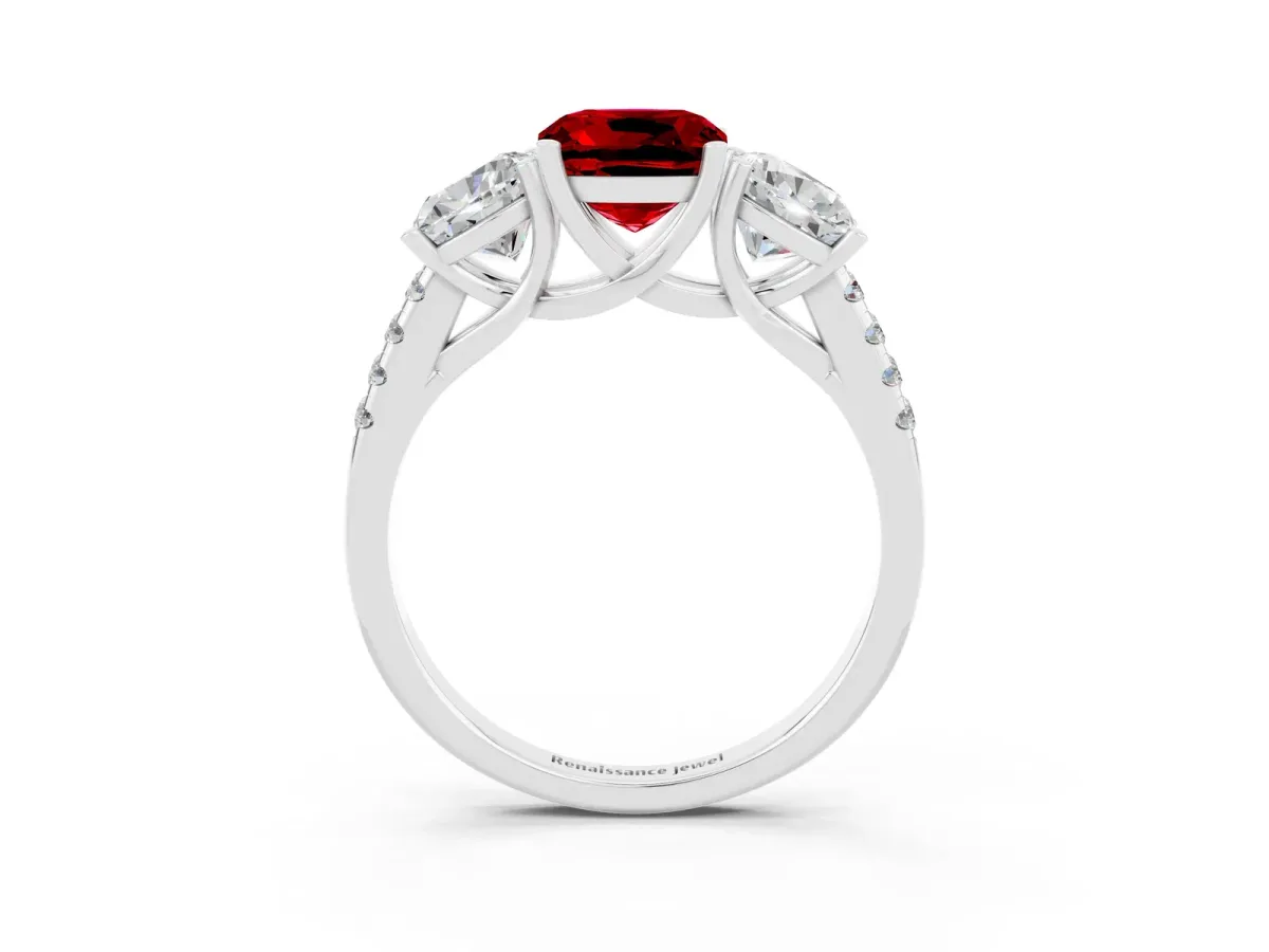 Three-Stone Cushion Cut Ruby Ring with Round Pavé Band and Prong Setting Platinum