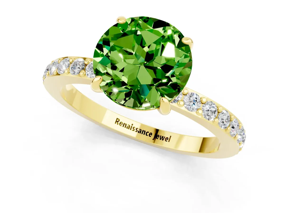 Round Cut Peridot Solitaire Engagement Ring with Pavé Band and Four-Prong Setting Yellow gold