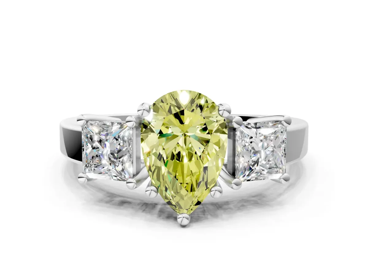 Fancy Yellow Three-Stone Pear Cut Cut Solitaire Ring with Prong Setting White gold