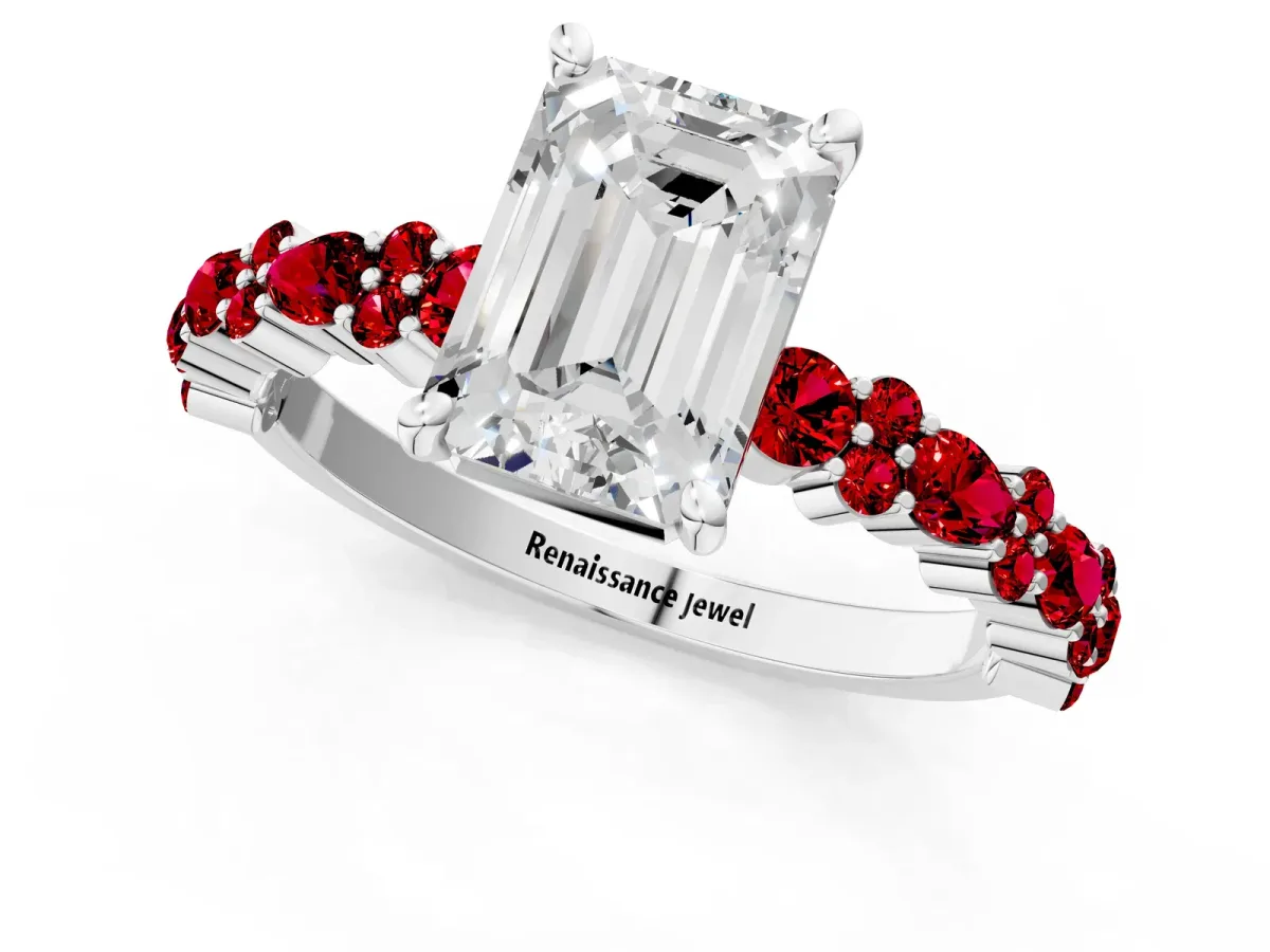 Emerald Cut Diamond Side Stone Solitaire Ring with Round Ruby and Four-Prong Setting Silver