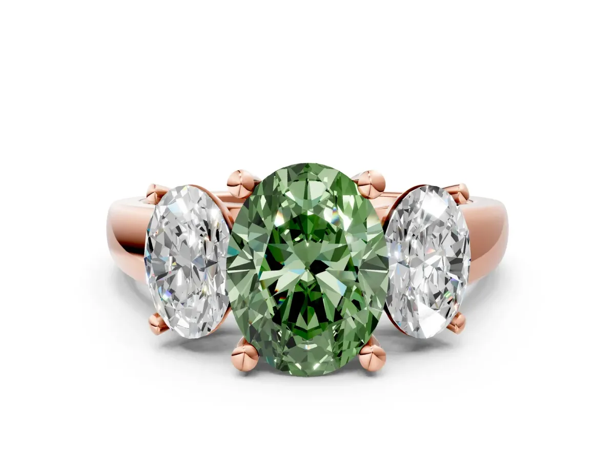 Fancy Green Three-Stone Oval Cut Cut Solitaire Ring with Classic Prong Setting Rose gold