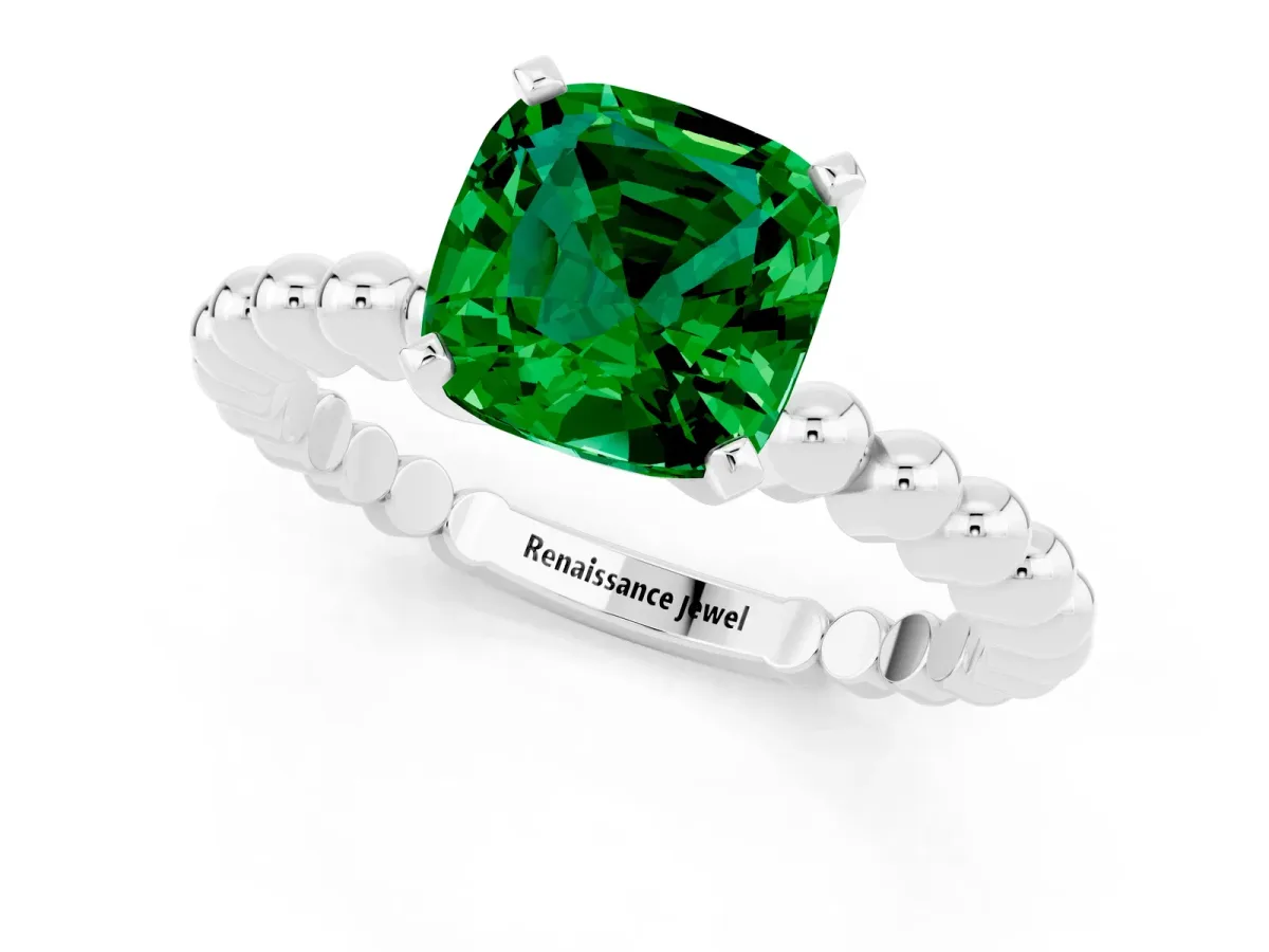 Cushion Cut Emerald Solitaire Ring with Beaded Band and Prong Setting Silver
